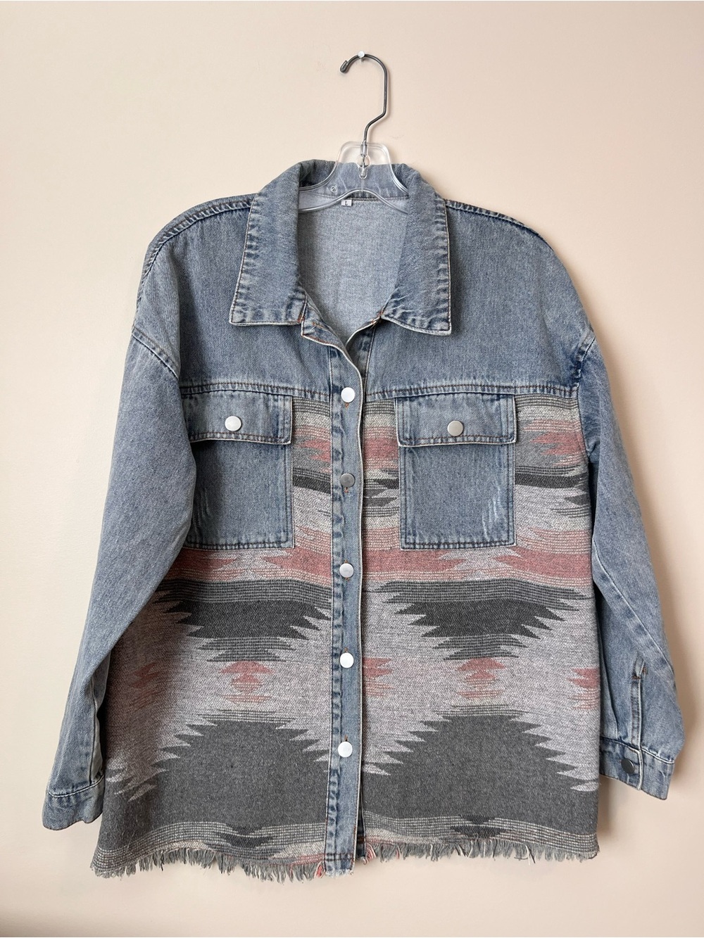 Boutique Ladies Aztec Western Denim Shacket Jacket Size Large - Boho Fringe Hem